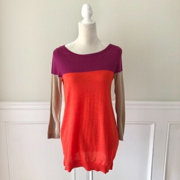 Loft Colorblock Crew Neck Sweater Wool Blend Purple Orange XS - Picture 1 of 4